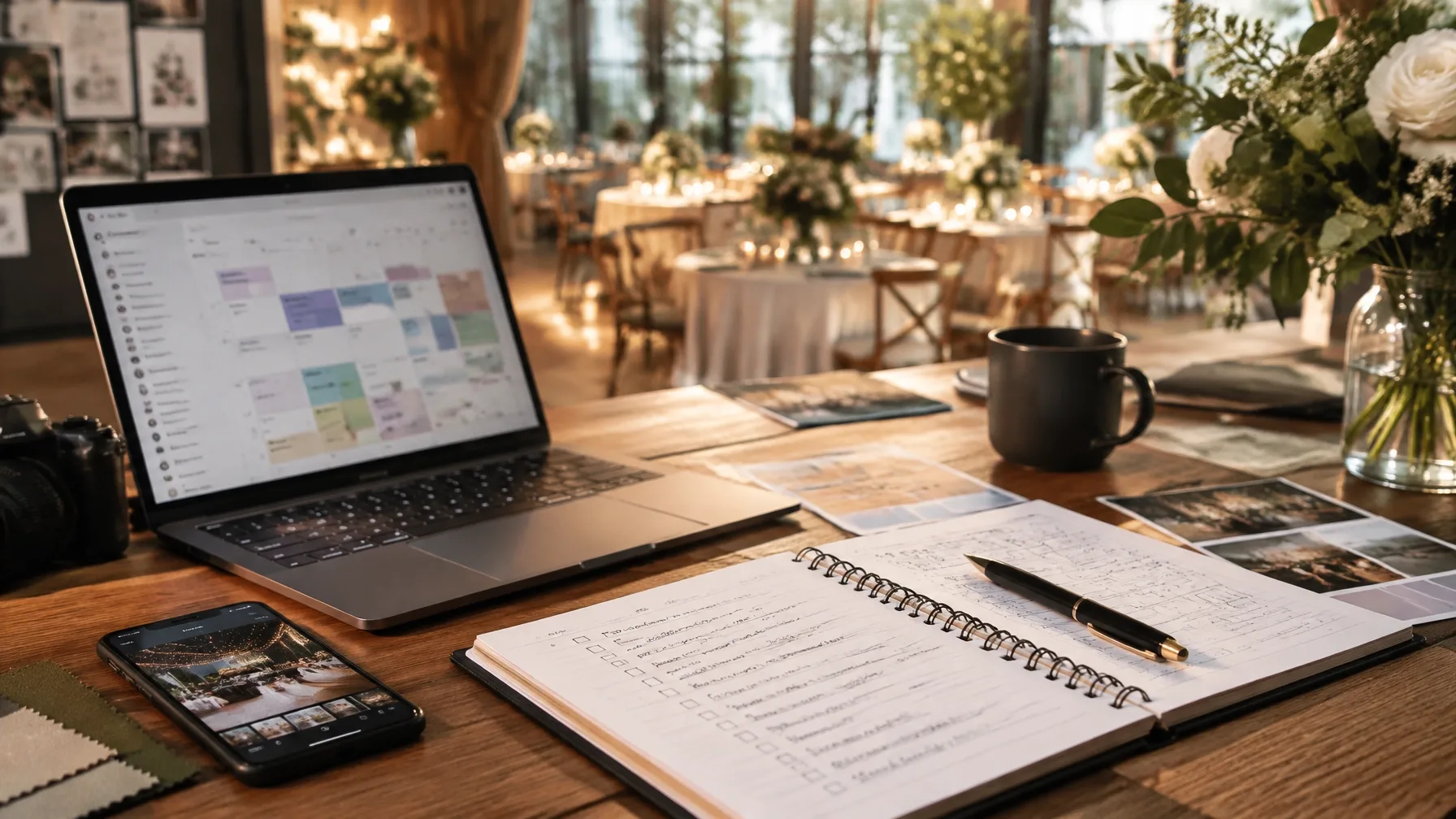 Event planning desk with a laptop, notebook, camera, and a decorated venue in the background